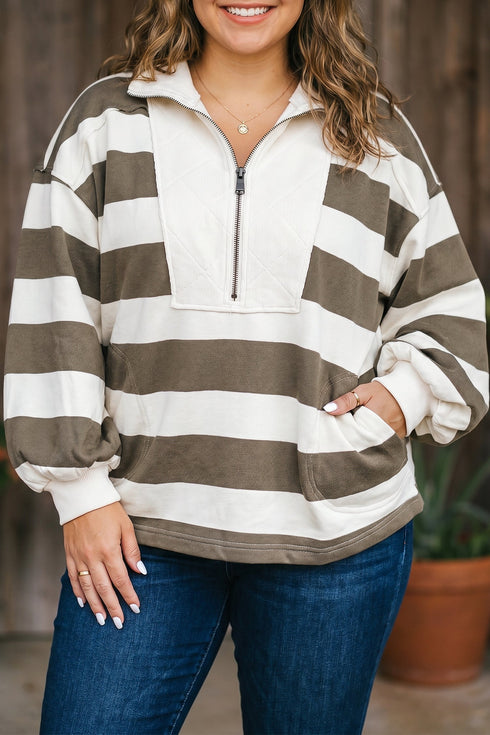 Polyester Seamed Striped Pattern Half Zipped Sweatshirt