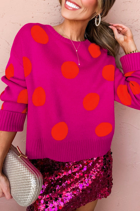 Playful Polka Dot Patterned Knit Pullover Sweater