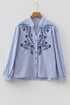 Striped Embroidered Detail Button Front Long Sleeve Casual Shirt
