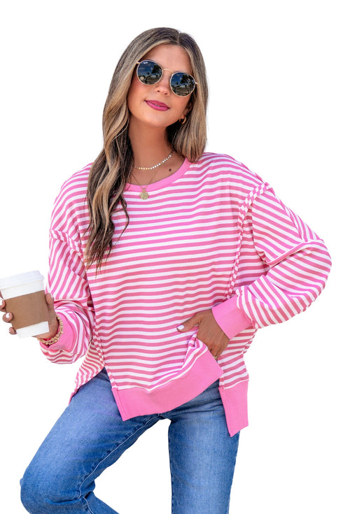 Striped Waffle Knit Split Hem Textured Long Sleeve Top