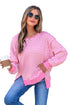 Striped Waffle Knit Split Hem Textured Long Sleeve Top