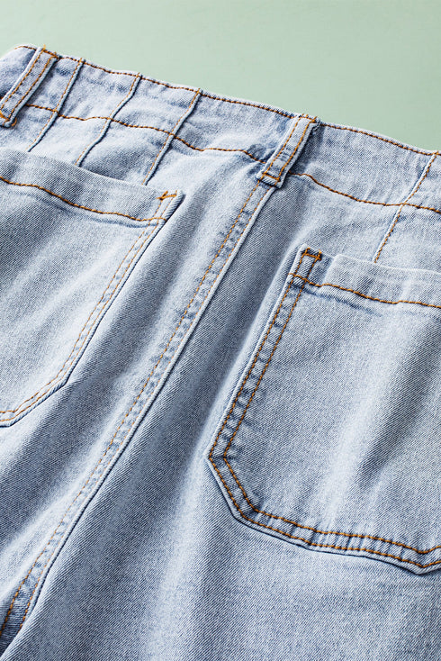 Acid Wash Contrast Edge Pocketed Wide Leg Cropped Jeans