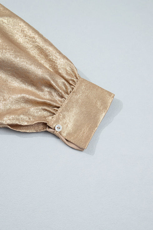 Metallic V Neck Button Cuff Long Sleeve Dolman Blouse
