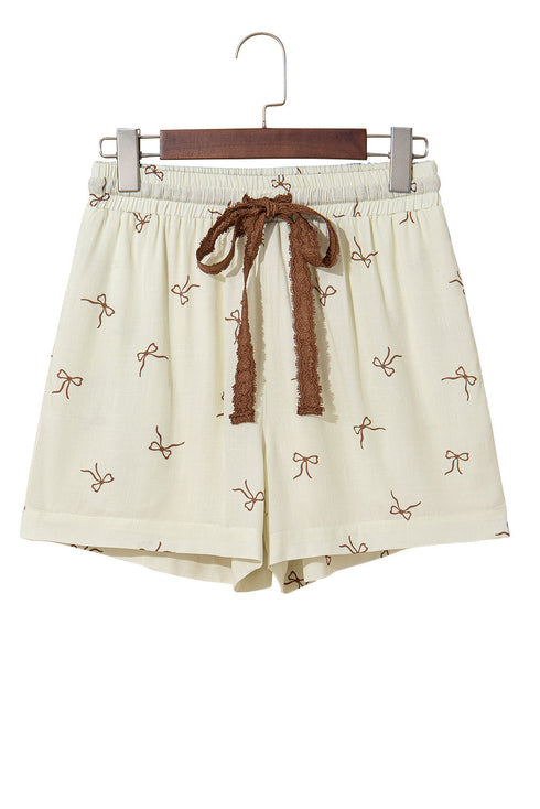 Dainty Bow Print Lace Trim Drawstring Casual Shorts