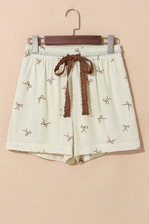 Dainty Bow Print Lace Trim Drawstring Casual Shorts