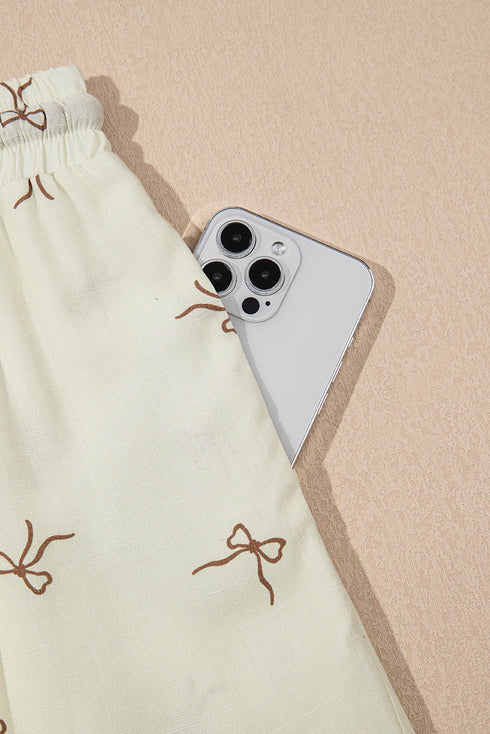 Dainty Bow Print Lace Trim Drawstring Casual Shorts