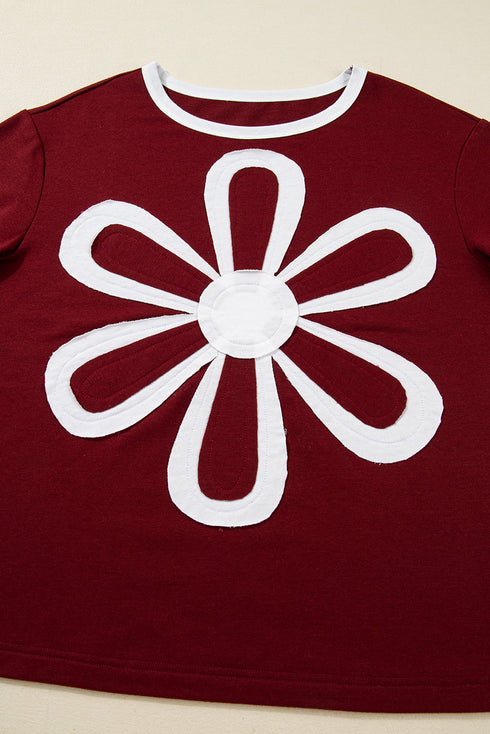 Daisy Applique Round Neck Long Sleeve Top