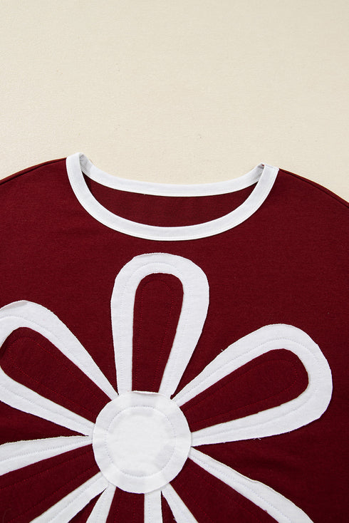 Daisy Applique Round Neck Long Sleeve Top