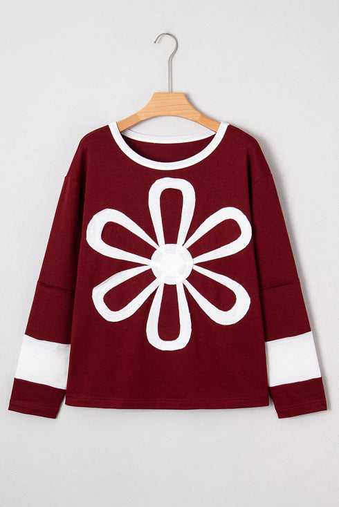 Daisy Applique Round Neck Long Sleeve Top