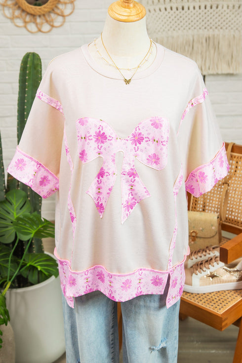 Daisy Floral Bow Detail Patchwork Applique T Shirt