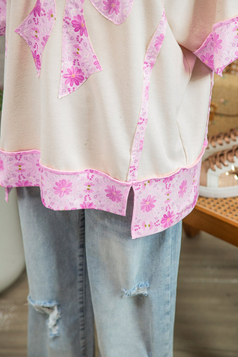 Daisy Floral Bow Detail Patchwork Applique T Shirt