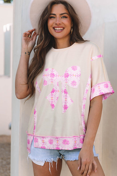 Daisy Floral Bow Detail Patchwork Applique T Shirt