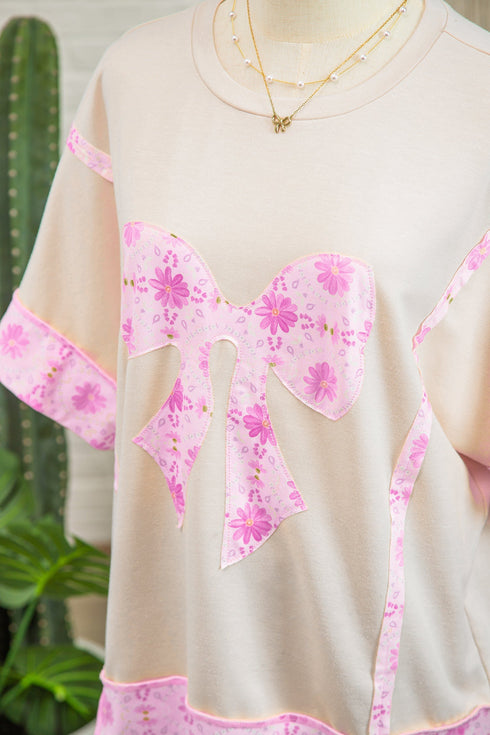 Daisy Floral Bow Detail Patchwork Applique T Shirt