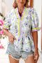 Daisy Print Contrast Trim Puff Sleeve Peplum Blouse Top
