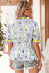 Daisy Print Contrast Trim Puff Sleeve Peplum Blouse Top
