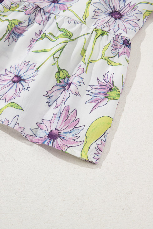 Daisy Print Contrast Trim Puff Sleeve Peplum Blouse Top