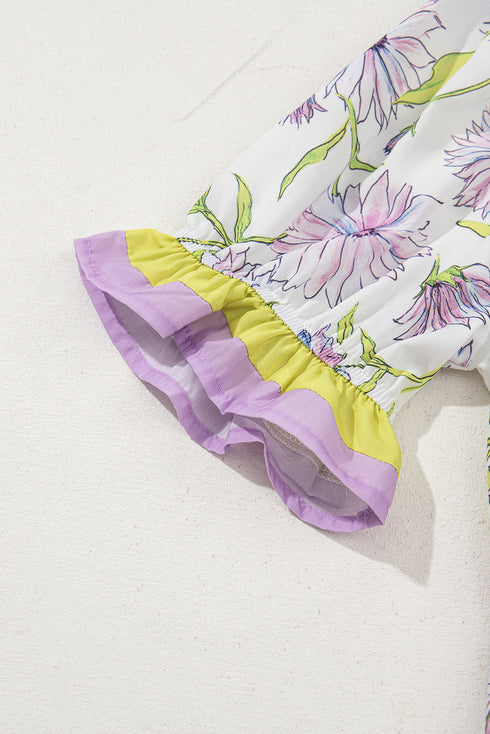 Daisy Print Contrast Trim Puff Sleeve Peplum Blouse Top