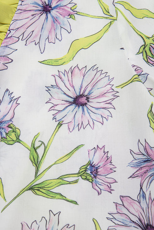 Daisy Print Contrast Trim Puff Sleeve Peplum Blouse Top