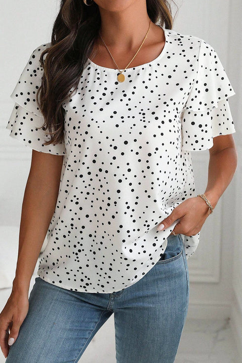 Dalmatian Print Layered Ruffle Sleeve Chic Blouse Top