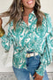 Damask Print Button Front Smocked Cuff Blouse