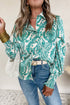 Damask Print Button Front Smocked Cuff Blouse