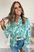Damask Print Button Front Smocked Cuff Blouse