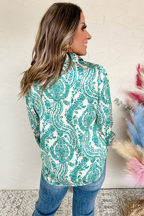 Damask Print Button Front Smocked Cuff Blouse