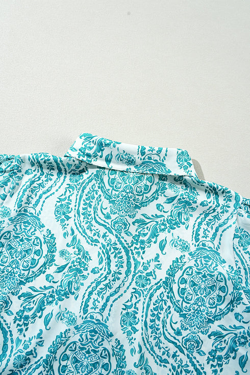 Damask Print Button Front Smocked Cuff Blouse