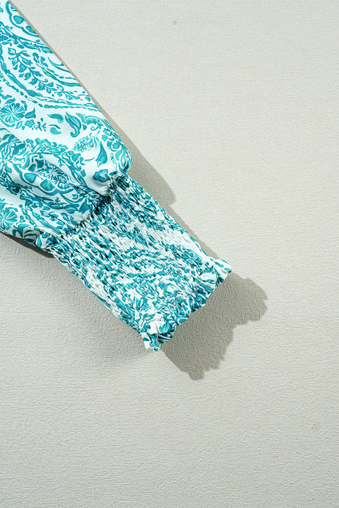 Damask Print Button Front Smocked Cuff Blouse