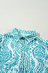 Damask Print Button Front Smocked Cuff Blouse