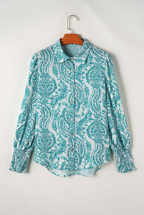 Damask Print Button Front Smocked Cuff Blouse