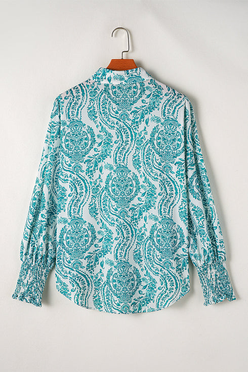 Damask Print Button Front Smocked Cuff Blouse