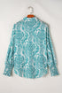 Damask Print Button Front Smocked Cuff Blouse