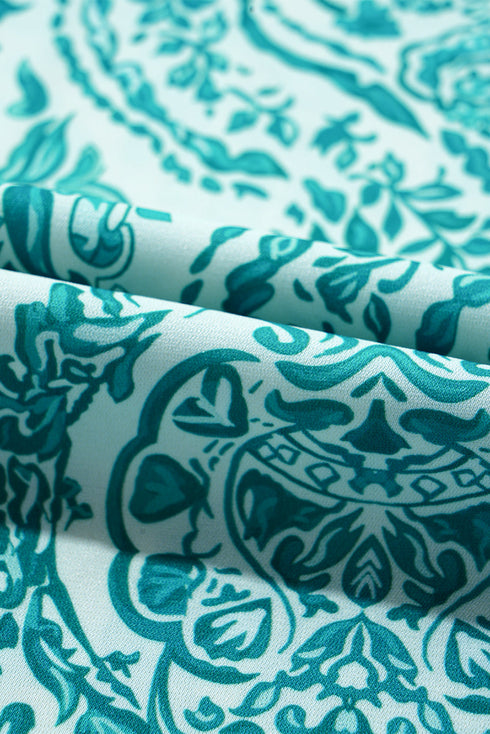 Damask Print Button Front Smocked Cuff Blouse