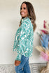 Damask Print Button Front Smocked Cuff Blouse