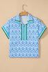 Damask Print Half Zip Stand Collar Structured Top