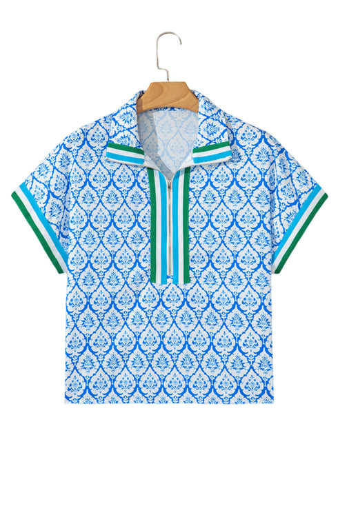 Damask Print Half Zip Stand Collar Structured Top