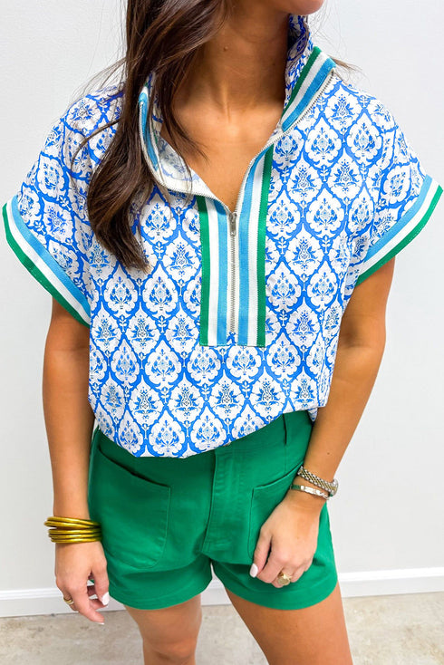 Damask Print Half Zip Stand Collar Structured Top