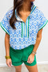 Damask Print Half Zip Stand Collar Structured Top
