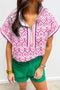 Damask Print Half Zip Stand Collar Structured Top