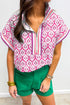 Damask Print Half Zip Stand Collar Structured Top