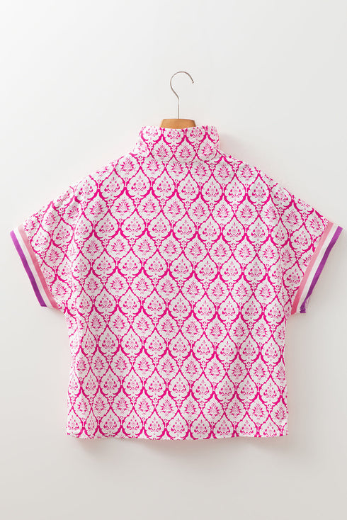 Damask Print Half Zip Stand Collar Structured Top