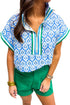 Damask Print Half Zip Stand Collar Structured Top