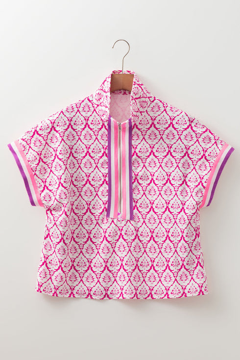 Damask Print Half Zip Stand Collar Structured Top
