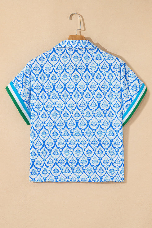 Damask Print Half Zip Stand Collar Structured Top
