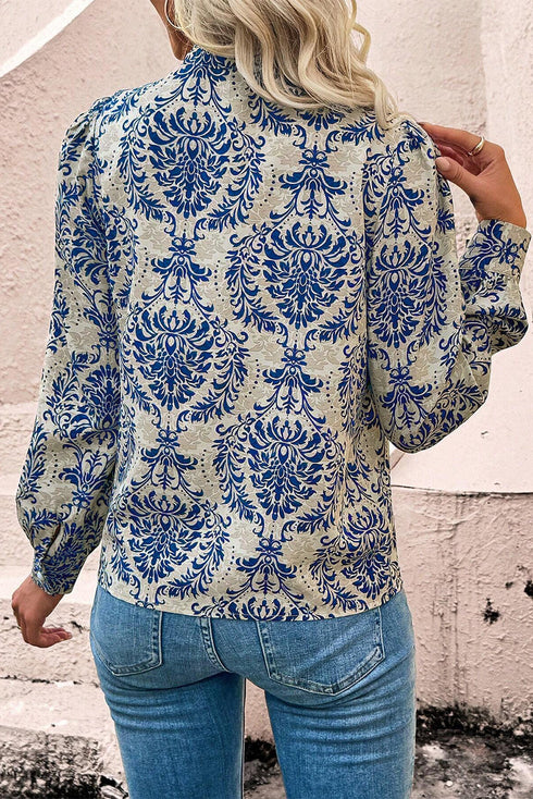 Damask Print Ruffled Collar Button Down Blouse