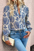 Damask Print Ruffled Collar Button Down Blouse