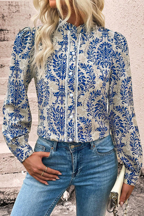 Damask Print Ruffled Collar Button Down Blouse