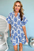 Damask Print Smocked Waist Flutter Sleeve Dress