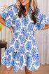 Damask Print Smocked Waist Flutter Sleeve Dress